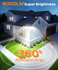 Solar Flood Lights Outdoor 6000LM 336 LEDs illuminating a house with 360-degree wide angle and motion sensor, side view, installed