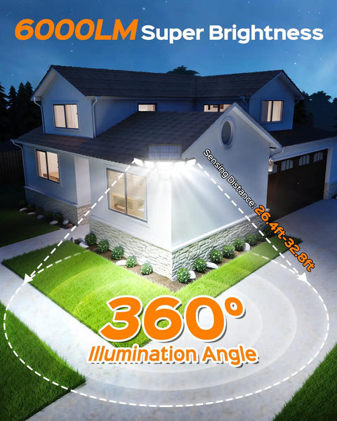 Solar Flood Lights Outdoor 6000LM 336 LEDs illuminating a house with 360-degree wide angle and motion sensor, side view, installed