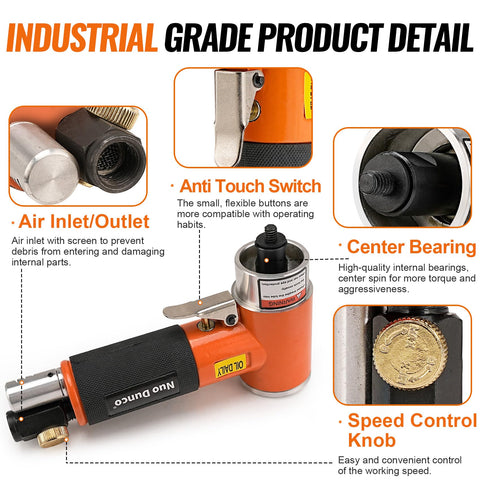 Close-up view of components in the 2 Inch Pneumatic Mini Orbital Sander Kit With 2 In 1 Air Right Angle Grinder Polisher Surface Prep Tool