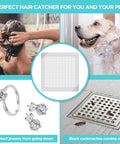 25 Pack Disposable Shower Drain Hair Catcher Peel And Stick Drain Strainer To Catch That Hair Quick And Stop Pesky Clogs Fast With Heavy Duty Waterproof Adhesive For Bathroom And Tub 6 Inch Square Cover, featuring mesh pads in bathroom setting.