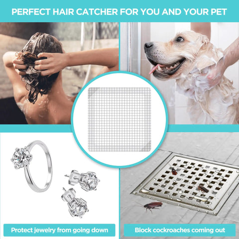 25 Pack Disposable Shower Drain Hair Catcher Peel And Stick Drain Strainer To Catch That Hair Quick And Stop Pesky Clogs Fast With Heavy Duty Waterproof Adhesive For Bathroom And Tub 6 Inch Square Cover, featuring mesh pads in bathroom setting.