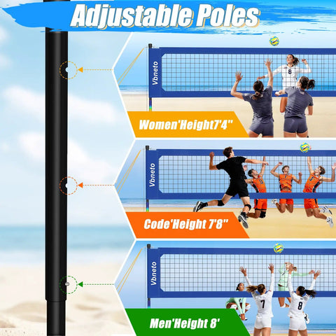 Backyard Volleyball Net Set With Pro Grade Sturdy Winch No Sagging Tension For A Tight Competitive Play shown with adjustable pole heights.