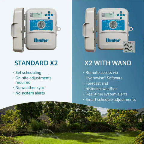 Comparison of Standard X2 and X2 with Wand Smart WiFi Module for X2 Sprinkler Controller with Hydrawise App features.