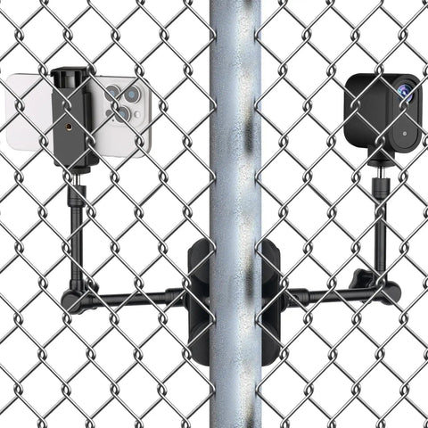 Magnetic Camera Fence Mount for GoPro, Mevo Start, Insta360 Pocket 3, and iPhone with dual arms on chain link fence