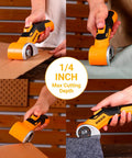 Portable Cordless Electric Scissors For Cutting Cardboard And Carpet cutting various materials, showcasing ease of use and max cutting depth.