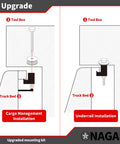 Diagram showing installation options for No Sweat Truck Tool Box Mounting Kit With Easy No Drill Setup And Heavy Duty J Hook Crossover Clamps.