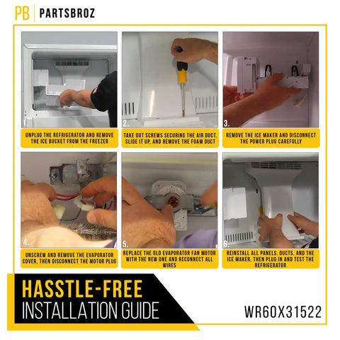 Installation guide for Replacement Refrigerator Evaporator Fan Motor WR60X31522 for GE and Hotpoint refrigerators.