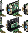 Six DIN Rail Mount Bracket For Raspberry Pi UNO Mega 2560 BeagleBone Black and more, showcasing various board installations.