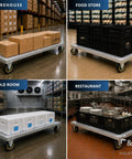 Heavy Duty Aluminum Milk Crate Dolly With Smooth Roll Casters, Commercial Grade Wheeled Platform Cart in warehouse and food store use.