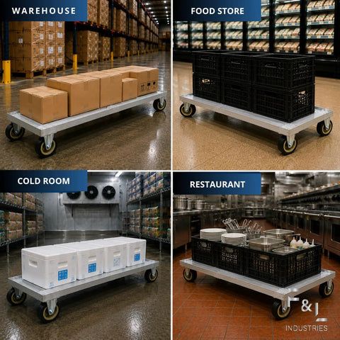 Heavy Duty Aluminum Milk Crate Dolly With Smooth Roll Casters, Commercial Grade Wheeled Platform Cart in warehouse and food store use.