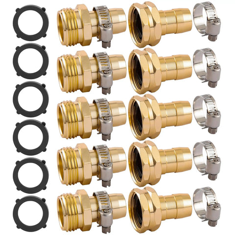 Five Pack Garden Hose Repair Connector Kit With Clamps For 3/4 Inch Or 5/8 Inch Hoses Includes Pro Grade 10 Heavy Duty Aluminum Clamps
