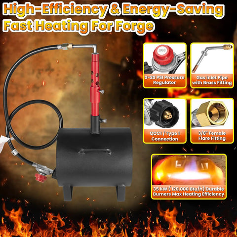 Portable Propane Forge With Single Burner For Blacksmithing Knife Making Farrier Tools And Metalworking Large Capacity Oval Steel Furnace Pro Grade Heat inside with connections and fittings visible
