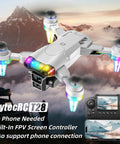 Kids Camera Drone for Ages 8 to 12 with LED Lights, beginner friendly mini foldable drone shown hovering with controller
