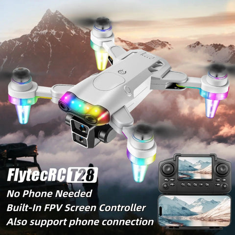 Kids Camera Drone for Ages 8 to 12 with LED Lights, beginner friendly mini foldable drone shown hovering with controller