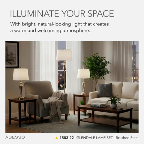 Living room with Three Piece Lamp Set With Two Table Lamps And One Floor Lamp In Antique Brass With White Shades