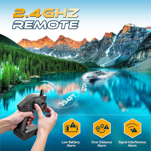 Fast Remote Control Boat For Kids And Grownups With 25kmh Speed, showing 2.4GHz remote by scenic lake with alarm features.