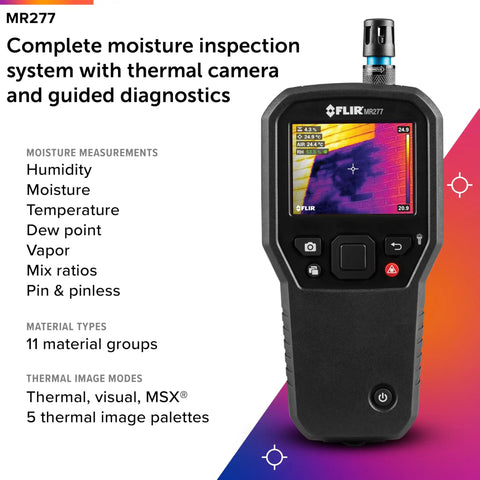 MR277 Moisture Meter With MSX Infrared Camera And Hygrometer For Building Inspection Quickly Spot Moisture Leaks And Insulation Voids With High Resolution Thermal Imaging And Pro Grade Diagnostics handheld meter front view