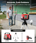 Heavy Duty 360 Degree Rotary Laser Level Kit With 2000 Ft Green Beam Self Leveling Transmitter in use outdoors with tripod and staff.