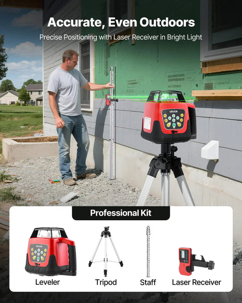 Heavy Duty 360 Degree Rotary Laser Level Kit With 2000 Ft Green Beam Self Leveling Transmitter in use outdoors with tripod and staff.
