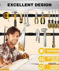 Beefy Magnetic Tool Holder Storage Organizer Set, 6 Piece, 12 Inch Wall Mount Rack displayed with tools in a workshop setting