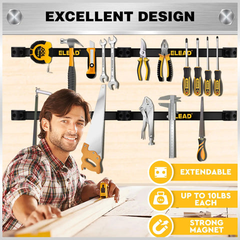 Beefy Magnetic Tool Holder Storage Organizer Set, 6 Piece, 12 Inch Wall Mount Rack displayed with tools in a workshop setting