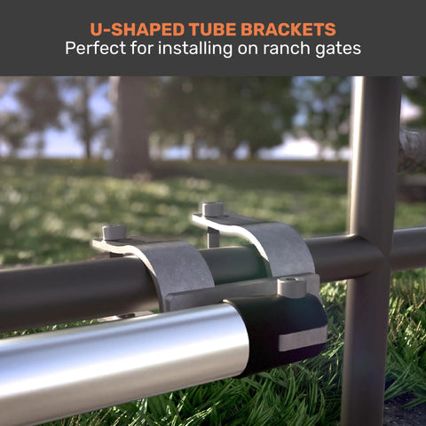 U-shaped tube brackets for Heavy Duty Dual Automatic Swing Gate Opener installation on ranch gates, showcasing durable aluminum design.
