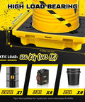 Three Piece Spill Containment Pallet Set With Drain Outlet Heavy Duty 800Kg Capacity Holds One 200L Drum 26.4 X 26.4 Inch Square Modular Tray Large Leakage Capacity For Safe Drum Storage In Shops, showing yellow pallet and drum.