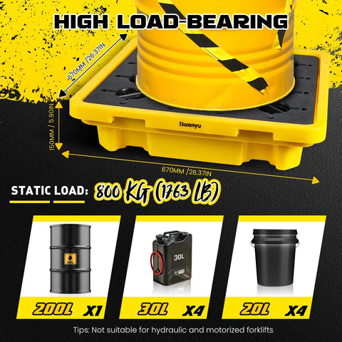Three Piece Spill Containment Pallet Set With Drain Outlet Heavy Duty 800Kg Capacity Holds One 200L Drum 26.4 X 26.4 Inch Square Modular Tray Large Leakage Capacity For Safe Drum Storage In Shops, showing yellow pallet and drum.