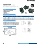 Technical sheet of water pumps with dimensions and performance data; includes Tiny But Mighty Submersible Fountain Pump 115V 0.008 HP details.