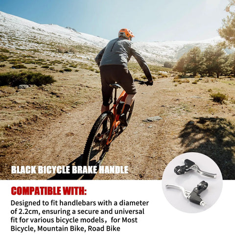 Cyclist on mountain trail with inset of Universal 2.2cm Bike Brake Levers Aluminum Alloy VBrake Handlebar Set For Most Mountain And Road Bikes 1 Pair Silver Built Tough With Auto Reposition After Falls