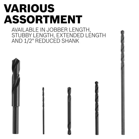 Various lengths of Extra Length Aircraft Drill Bit 3/16 Inch by 12 Inch Black Oxide With Speed Helix for diverse applications.