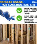 Auger Drill Bit Set For Wood, Five Piece Including One Half Inch, Five Eighths Inch, Three Quarters Inch, Seven Eighths Inch And One Inch, Four Inch Long With Quick Change Shanks, Storage Case, Impact Drill Ready, Pro Grade DIY Projects By SOMADA, shown boring holes in wooden studs at a construction site.