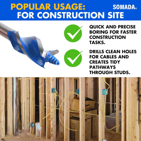 Auger Drill Bit Set For Wood, Five Piece Including One Half Inch, Five Eighths Inch, Three Quarters Inch, Seven Eighths Inch And One Inch, Four Inch Long With Quick Change Shanks, Storage Case, Impact Drill Ready, Pro Grade DIY Projects By SOMADA, shown boring holes in wooden studs at a construction site.