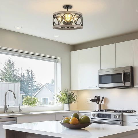Kitchen with Larkin 15-Inch 3-Light Modern Farmhouse Semi Flush Mount Ceiling Light With Open Drum Style Vibe Hand-Painted Wood Grain Metal Fixture