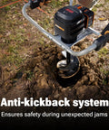 Go-To 40V Cordless Brushless Earth Auger With 8-Inch Bit digging into soil near a tree, showcasing anti-kickback system