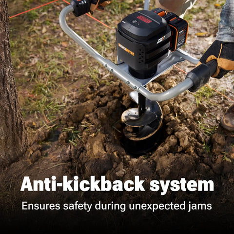 Go-To 40V Cordless Brushless Earth Auger With 8-Inch Bit digging into soil near a tree, showcasing anti-kickback system