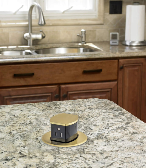 Tamper Resistant Pop Up Countertop Receptacle With Two Receptacles, Surface Or Flush Mount, 15 Amp 125 Volt, Brushed Brass Finish