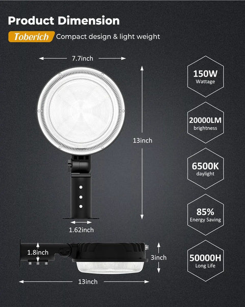 Product dimensions of Mega Bright 150W Dusk To Dawn Outdoor Yard Light With 20000LM Output, 6500K Daylight, IP66 Waterproof LED Barn Light