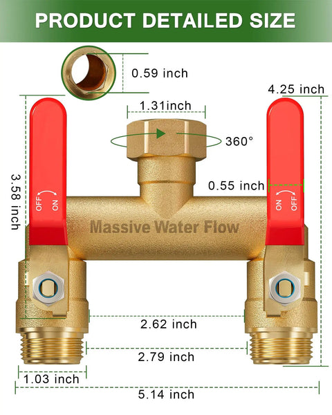 Beefy 2 Way Hose Splitter With Full Flow Design, Long Metal Handles, Brass Rust and Freeze Resistant, Garden Water Splitter T Adapter Three Quarter Inch GHT Thread, Red size diagram with 3/4-inch brass body and red handles