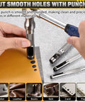Hands using a chrome vanadium steel punch tool to cut smooth holes in leather for DIY projects