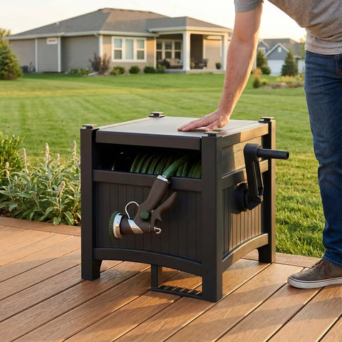 Person using Hideaway Garden Hose Reel Storage Box For 100Ft 5/8 Inch Hose Resin Outdoor Container on patio