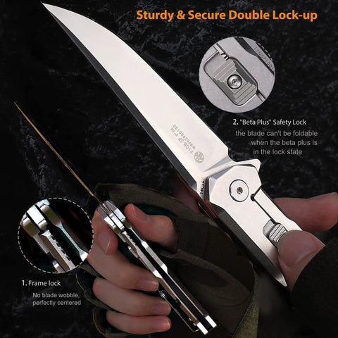 Hand holding Hard Hitting Tactical Folding Pocket Knife For Men With 14C28N Stainless Steel Blade, showing lock mechanism.