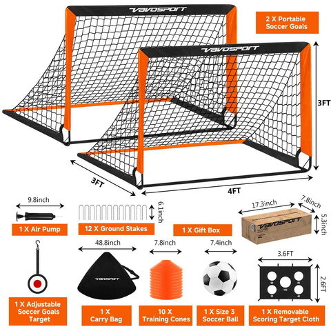 Two Pack Backyard Pop Up Soccer Goals 4x3 Ft For Kids, Portable Net Set with accessories including cones and ball.