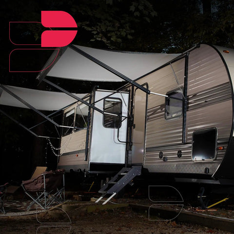 Heavy Duty Universal Gas Struts 12 Inch 45 Pound Lift Supports For Pickup Toolboxes Camper Shells Cabinet Doors Straight Up Reliable Action With Zero Hassle Installs Set Of Two on an RV awning.