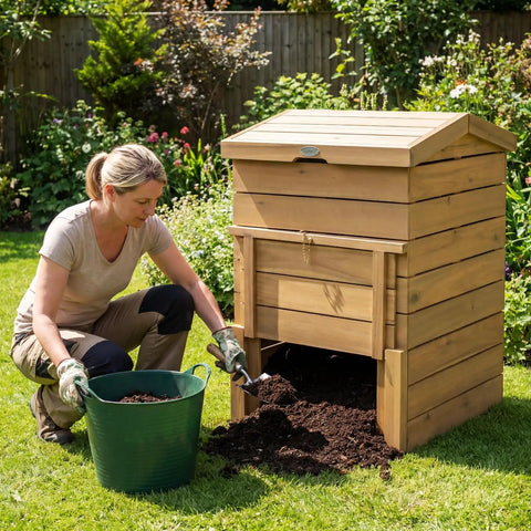 Woman using Solid Wood Compost Bin 48 Gallon Outdoor Bin With Lockable Sliding Door Flip Top Opening Gas Rods in a garden