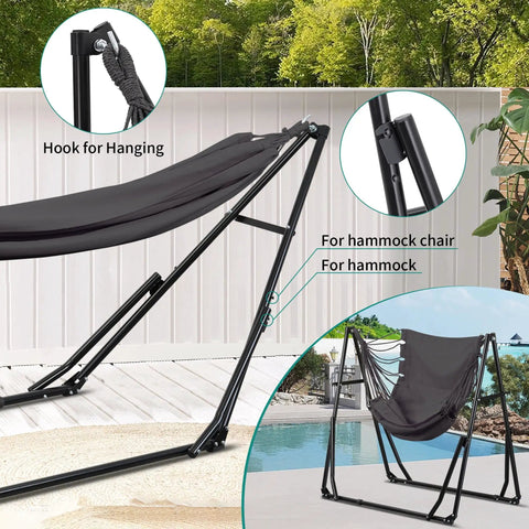 Two In One Hammock And Swing Chair With Foldable Stand Carrying Bag Grab And Go Portable Outdoor Chair with hooks and frame.