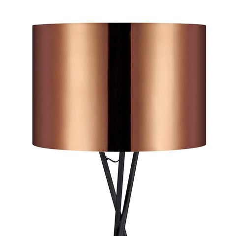 Modern Tripod Floor Lamp With Copper Drum Shade In Black Metal Finish For Living Room, Bedroom Or Office close-up view