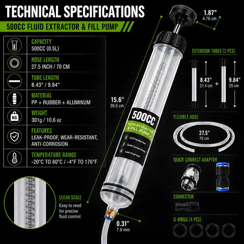 Heavy Duty 500CC Fluid Extractor Pump With Dual Hoses For Quick Oil And Transmission Swap, detailed specifications image.