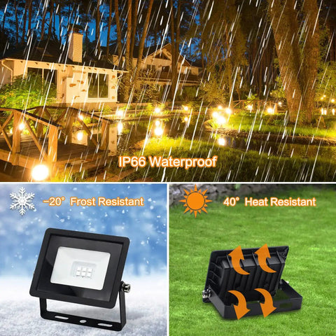 Outdoor LED Flood Lights Lit RGB Color Changing Smart Landscape Lights With 16 Million Colors Dimmable White Light Scene And Music Modes IP66 Waterproof Uplighting App And Voice Control For Patio Garden Yard Stage 6 Pack in rain and temperature tests