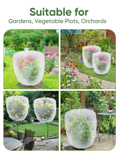 4 Pack Garden Netting Pest Barrier With Drawstring installed over plants in garden and patio settings to protect crops.